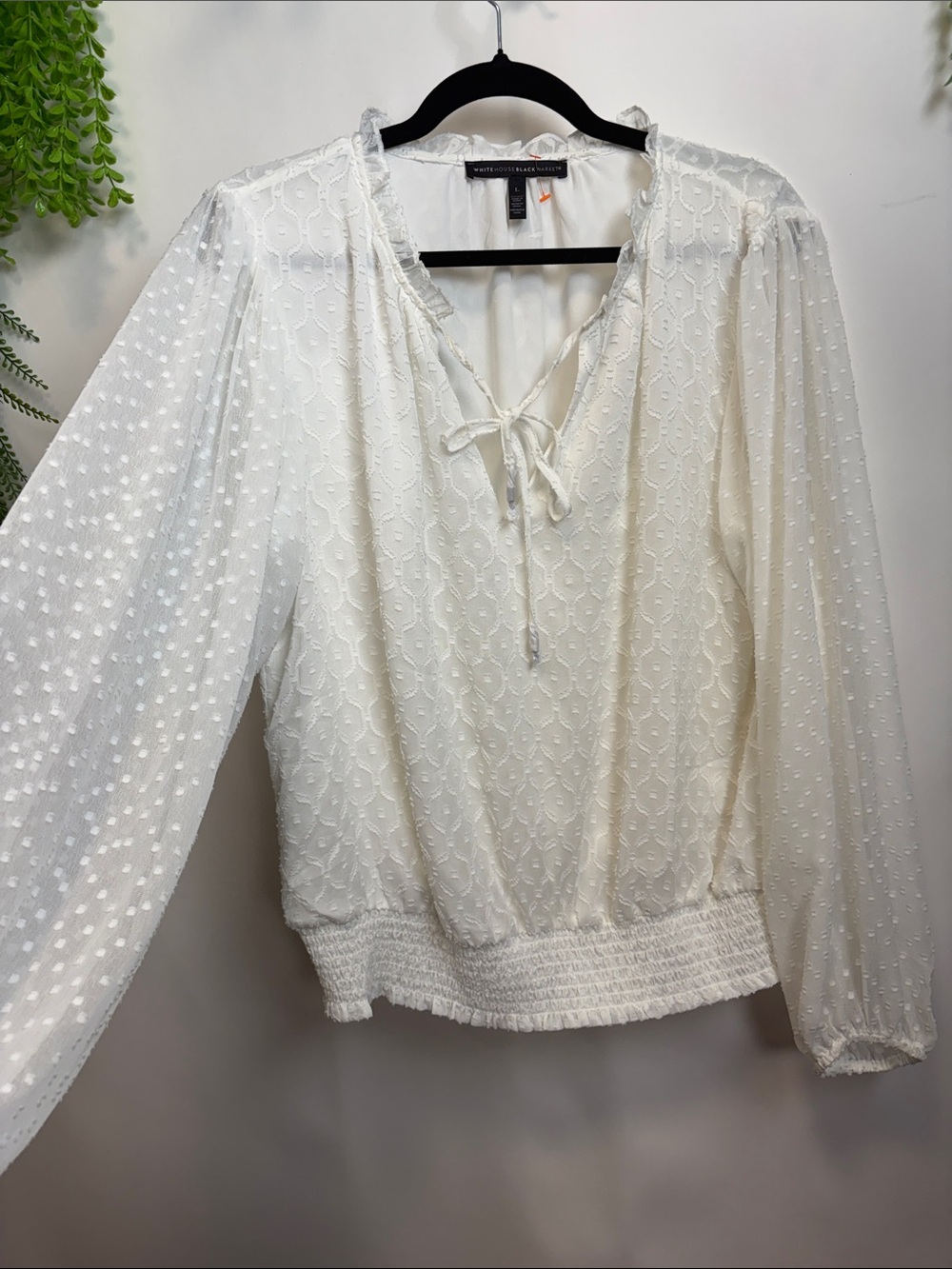 White House Black Market Ivory Swiss Dot Tie-Neck Blouse